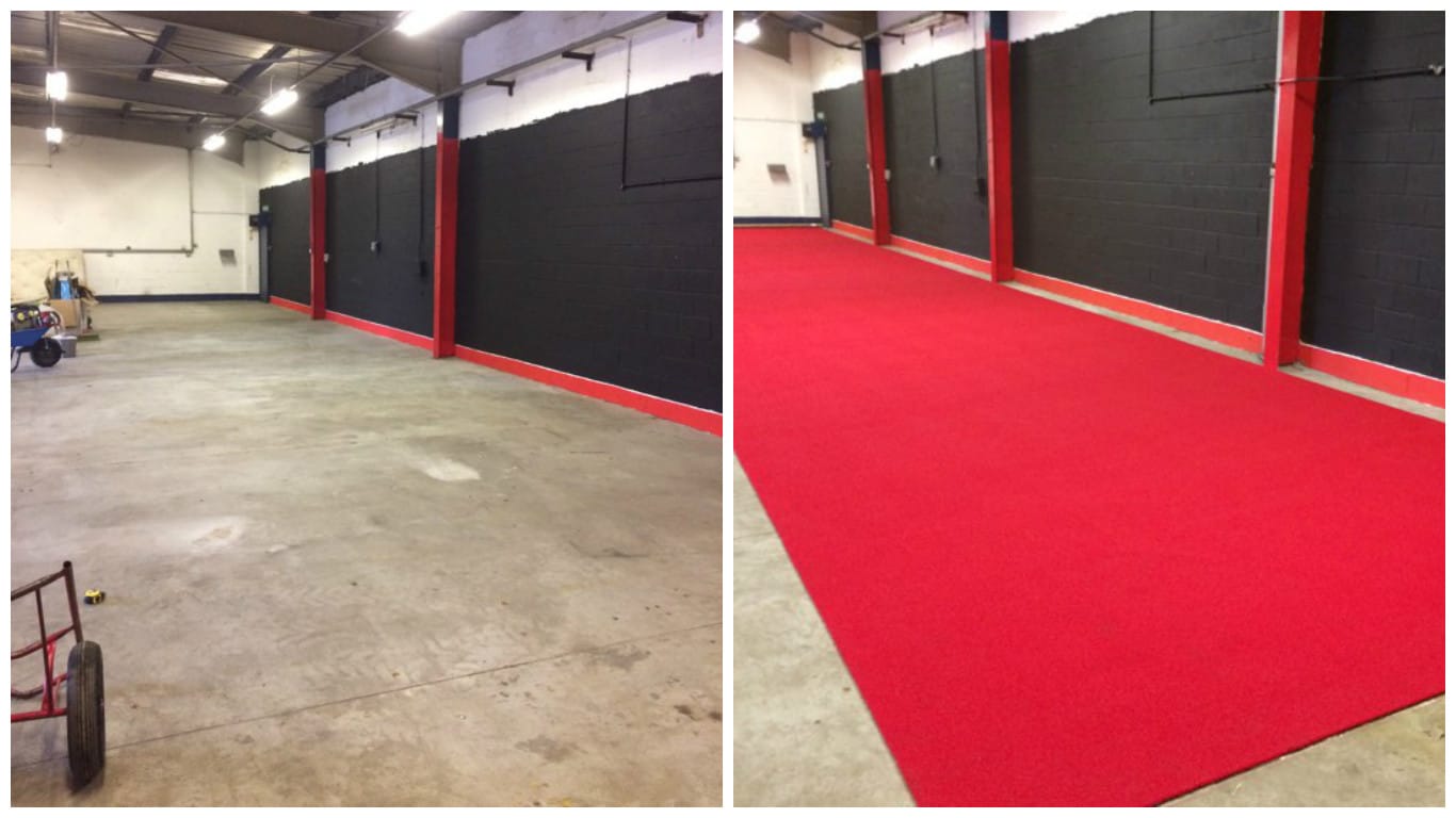 before and after image of the gym track installation from grey to red
