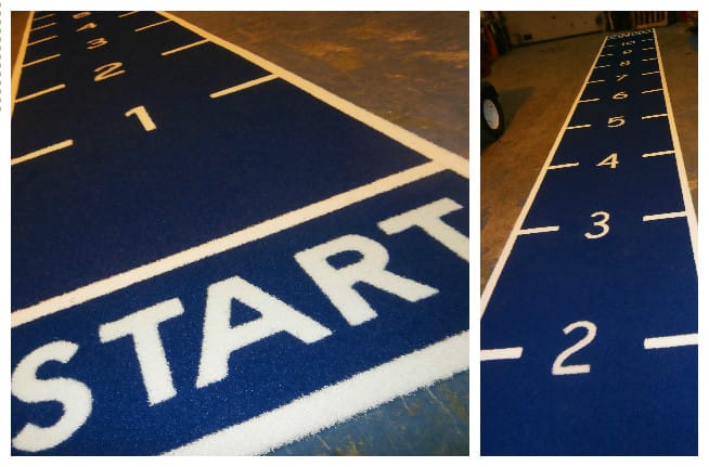 blue and white one lane prowler track with start and finish line