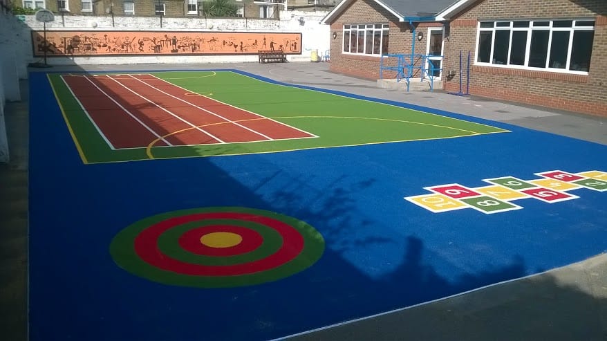 playground overlay with sports markings, hopscotch and target