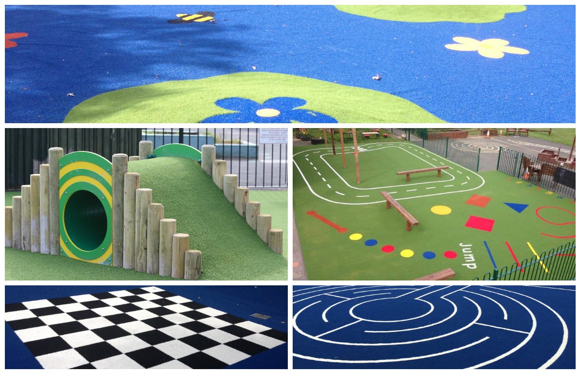 collage of five artificial turf playground ideas