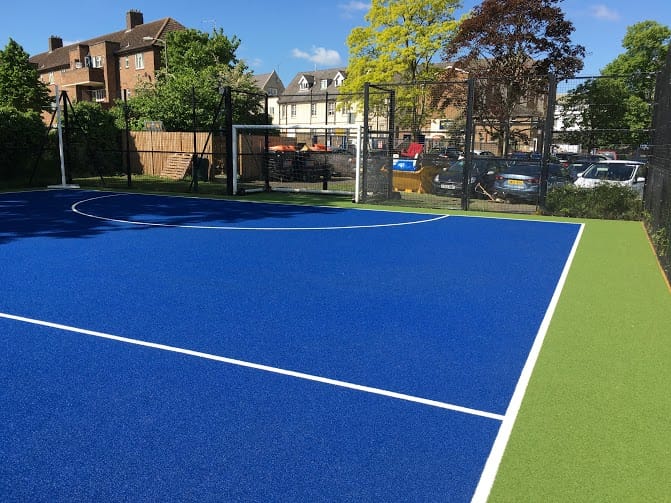 artificial turf sports surface in blue and green