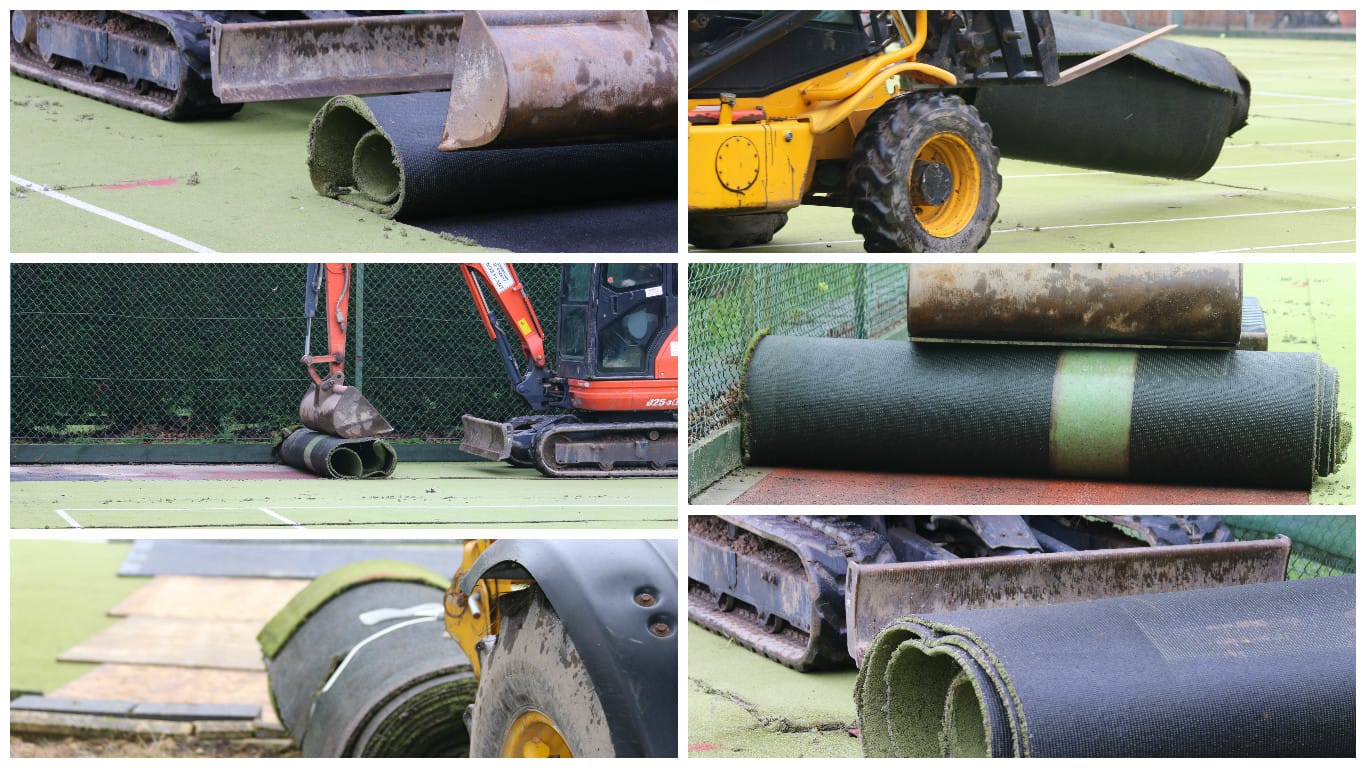 collage of images showing turf being cut up and rolled away with special machinery