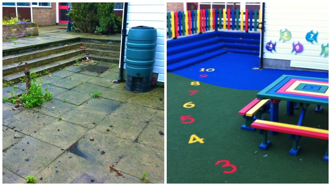 primary school paving slabs vs colourful astroturf surface