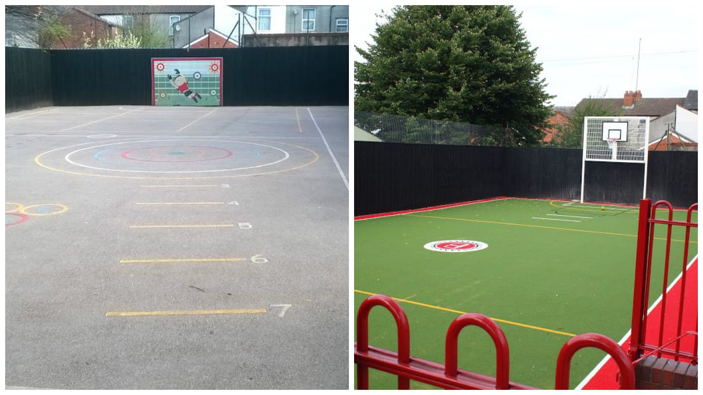 before and after artificial turf surfacing transformed into a muga