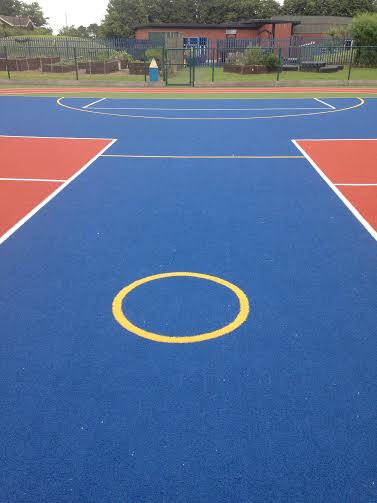 middle view of blue and red artificial turf school sports surface