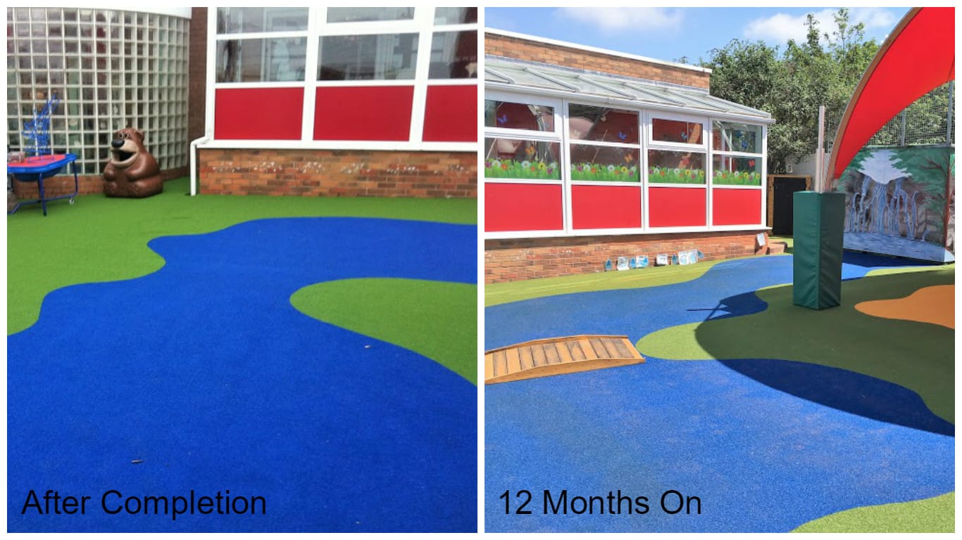 images of playground immediately after completion and 12 months on