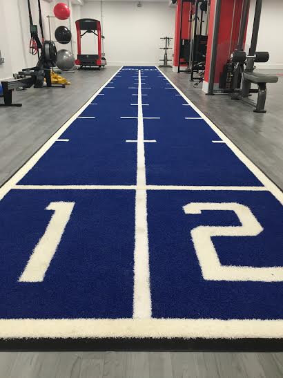another finished result of the blue and white turf sled track