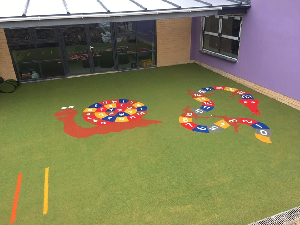 school playground with snail and dragon made with number line