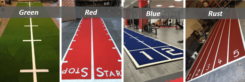 examples of green, red, blue and rust gym tracks