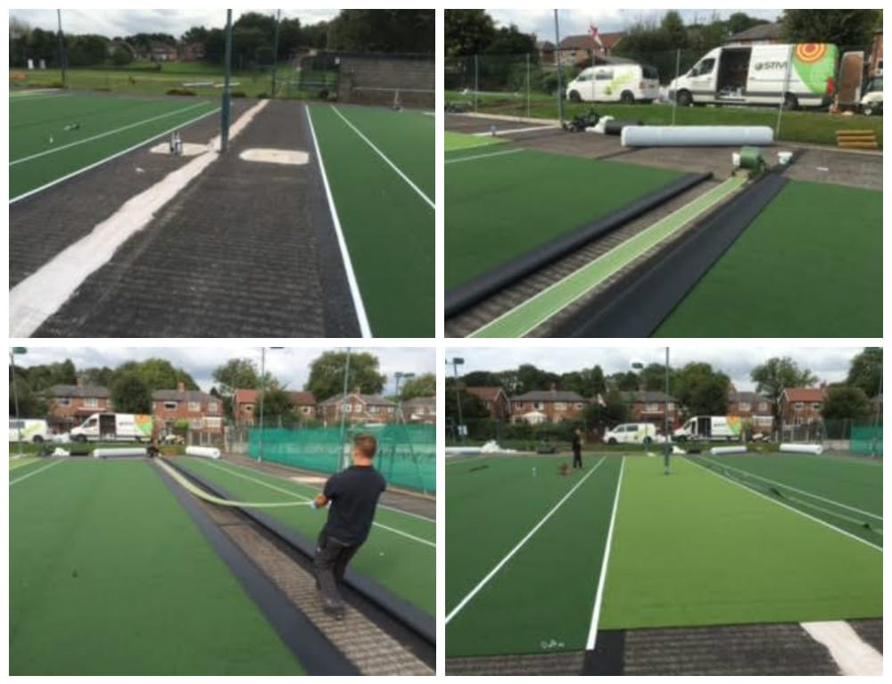 collage of 4 images during the installation of the tennis court including carpet fitting