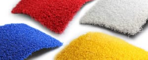 red, blue, yellow and white artificial turf play samples