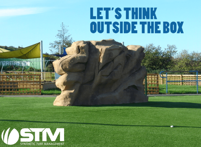 green school landscaping with overlay text 'Let's think outside the box'
