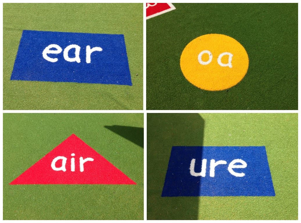 colourful phonics tiles cut into artificial turf playground