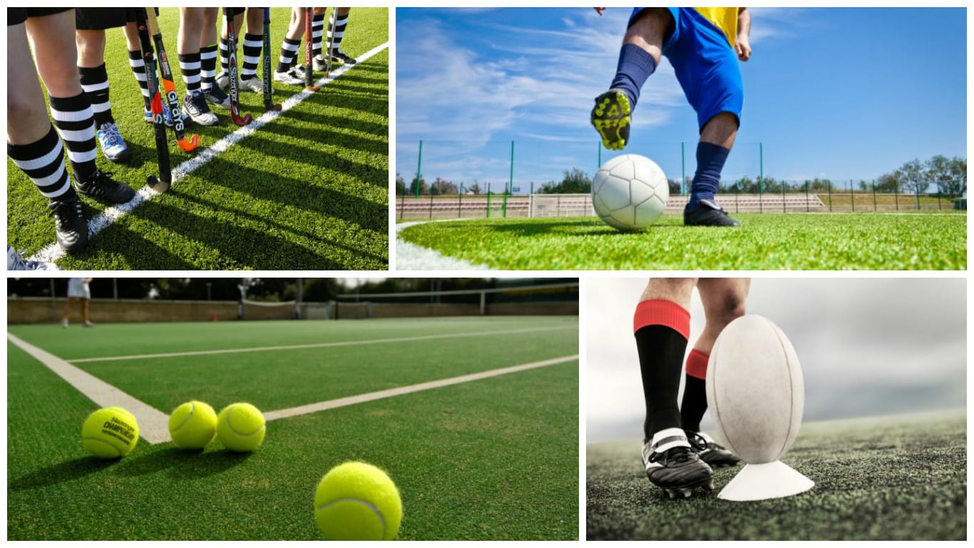 close up images of hockey, football, tennis and rugby