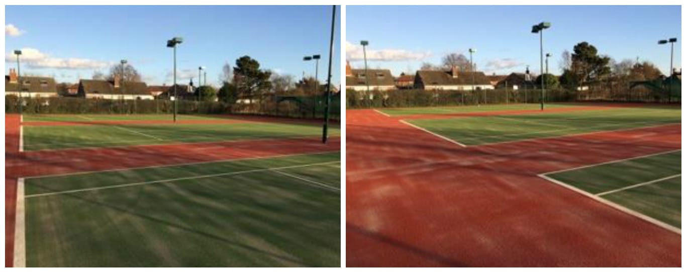 two images of completed tennis courts at Starbeck